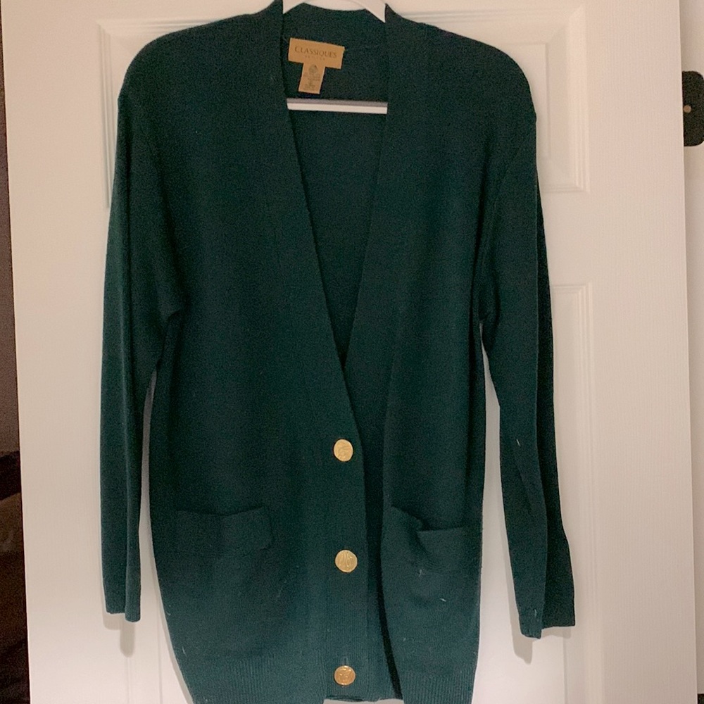 Green Sweater with Gold Buttons and Pockets